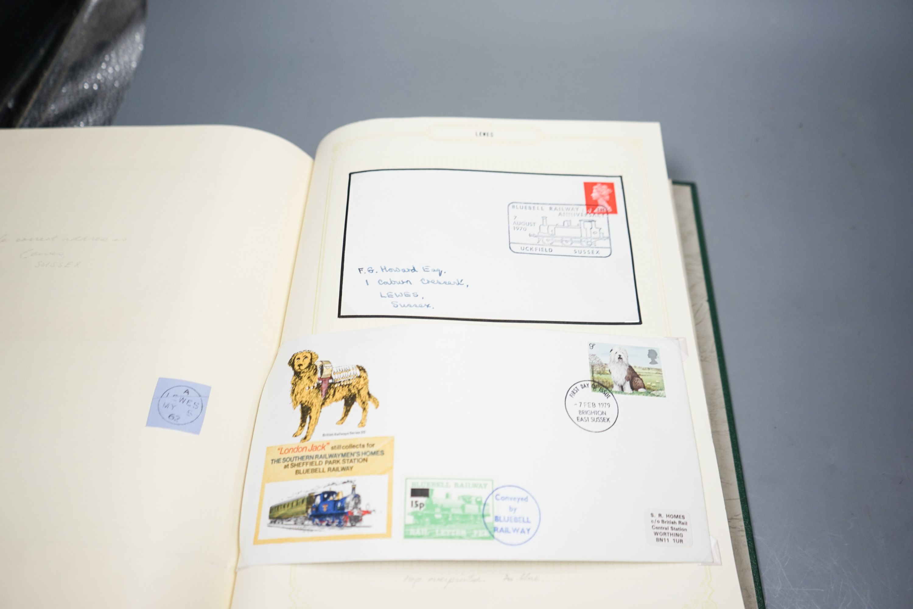 Lewes postal history and ephemera in 12 albums from pre stamp covers to modern FD covers including Nov. 1840 1d black (3 margins) on cover, 1d Mulready used June 1840, Penny Post, Ship Letters, postmarks on postcards, pa